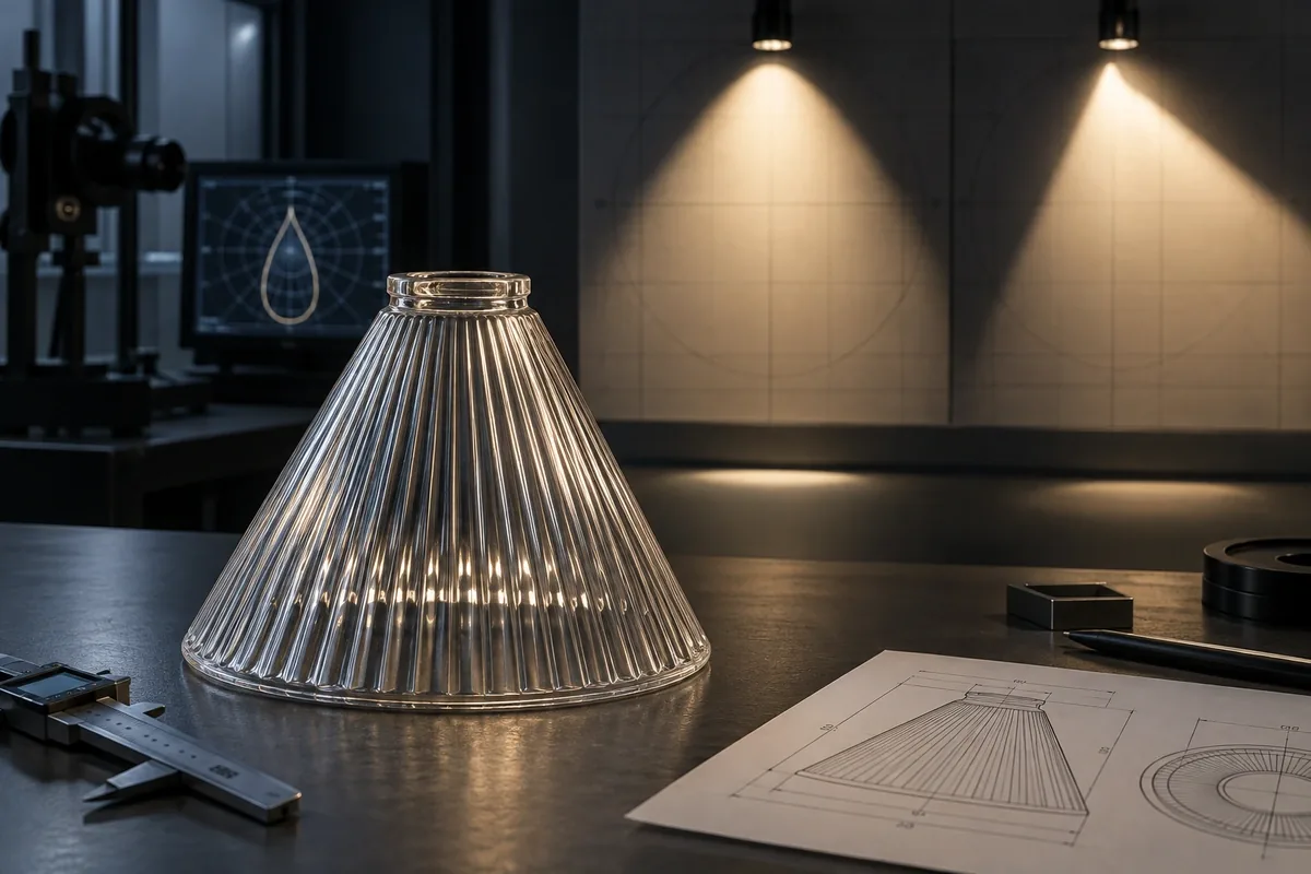 Ribbed conical glass lamp shade beside a beam test and dimension drawing