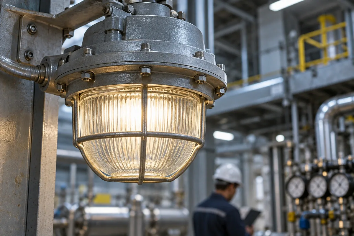 Thick ribbed glass cover installed in a robust industrial luminaire housing