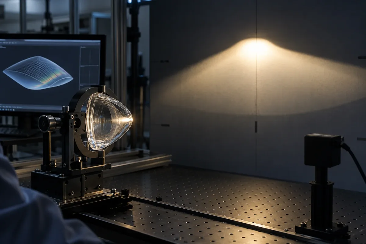 Freeform glass lens creating an asymmetric lighting beam on a test wall