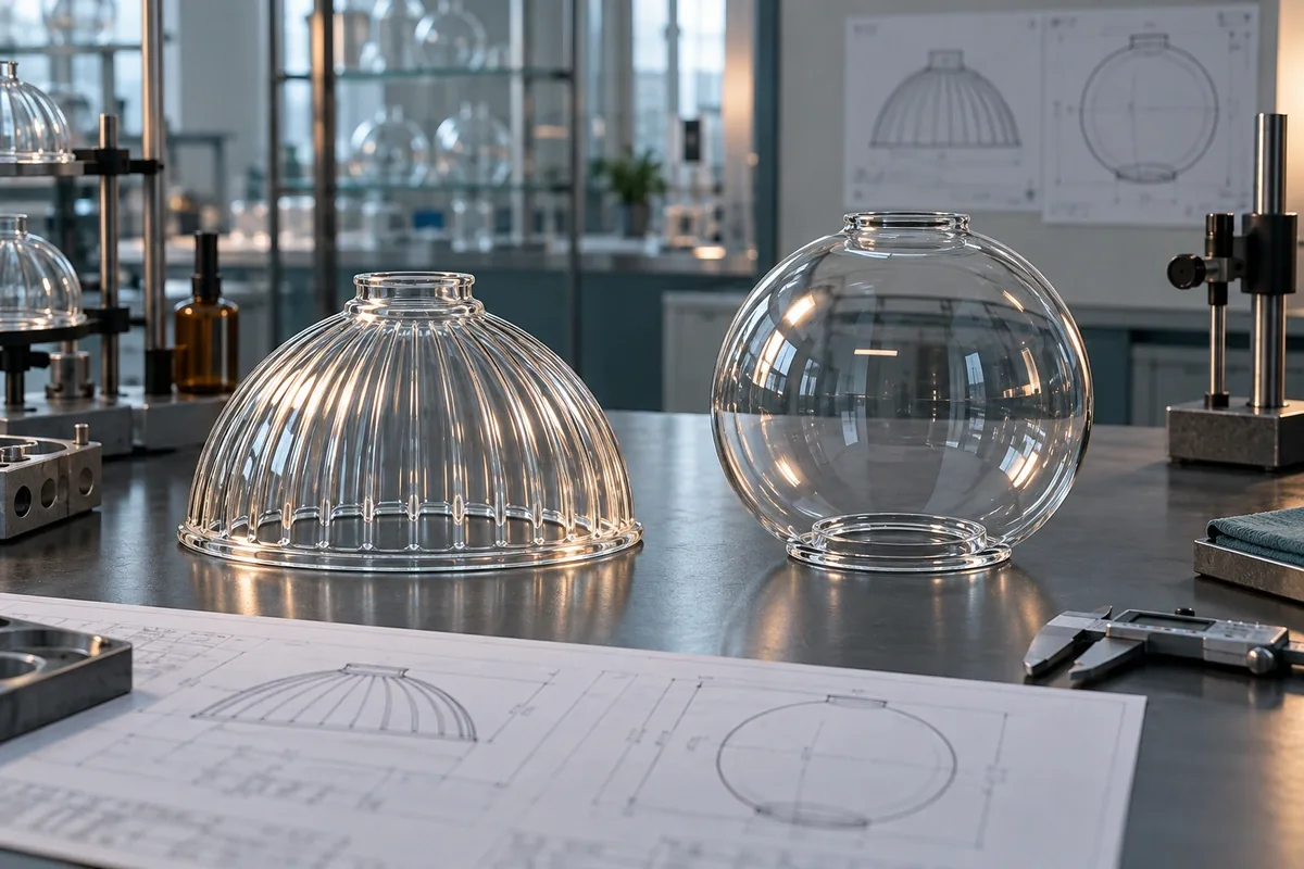 Clear glass dome and globe lamp shades compared on an engineering bench