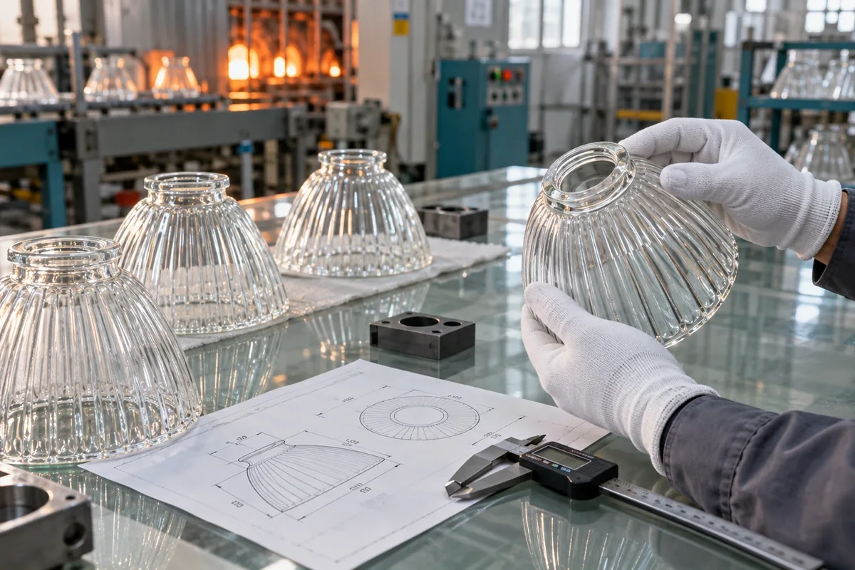 Engineers reviewing custom pressed glass lamp shades and tooling drawings