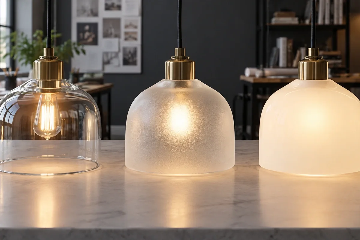 Opal frosted and clear glass lamp shades illuminated side by side