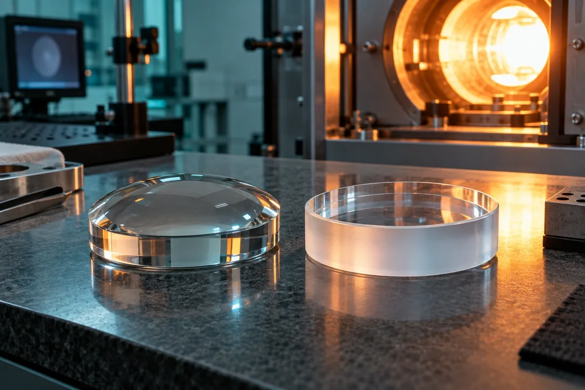 Optical glass and fused silica lens samples compared near a high-temperature lamp test