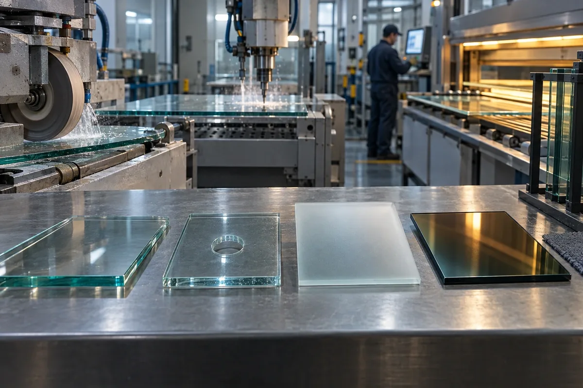 Glass samples showing edge grinding drilling frosting and coating operations