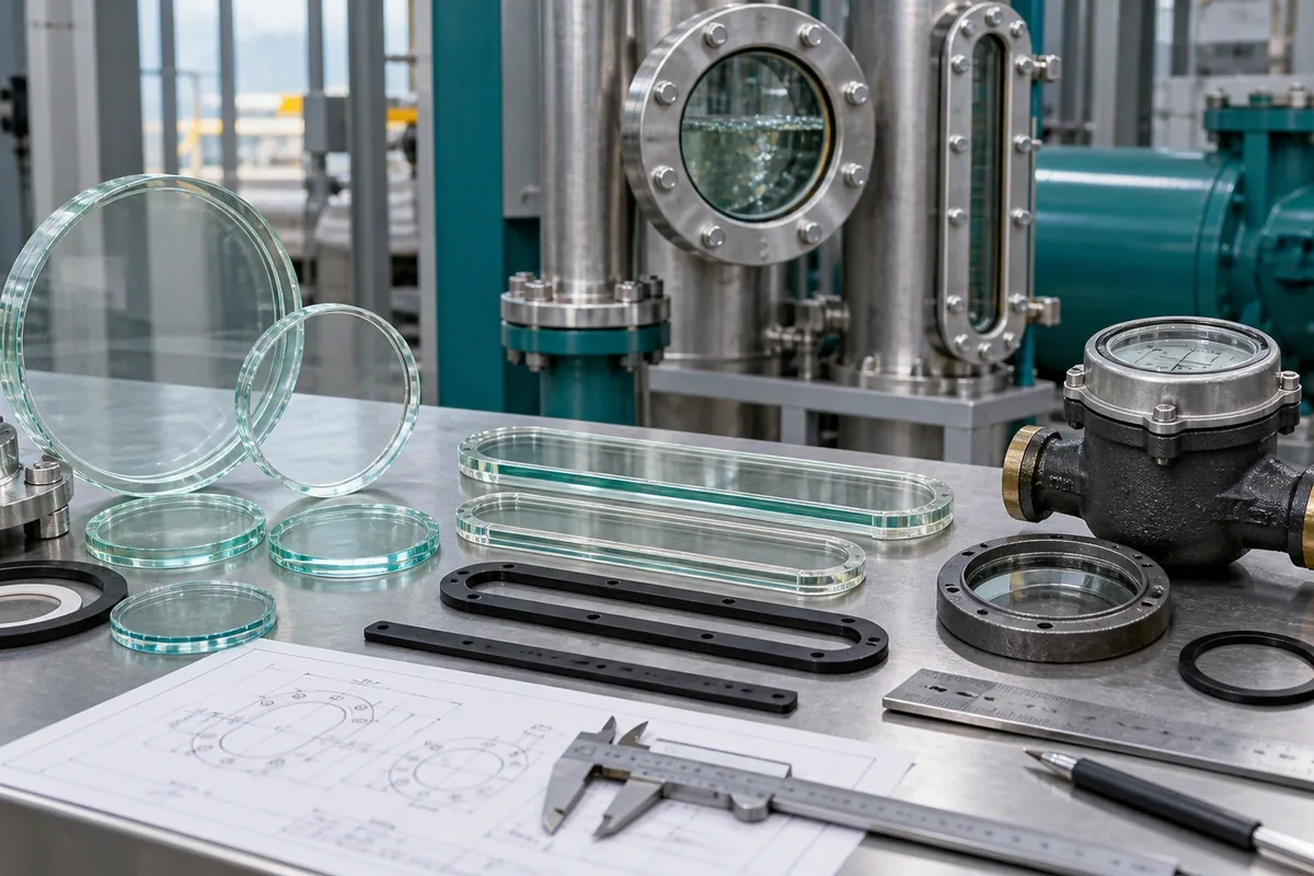 Sight glass gauge glass and water meter glass components on an inspection table