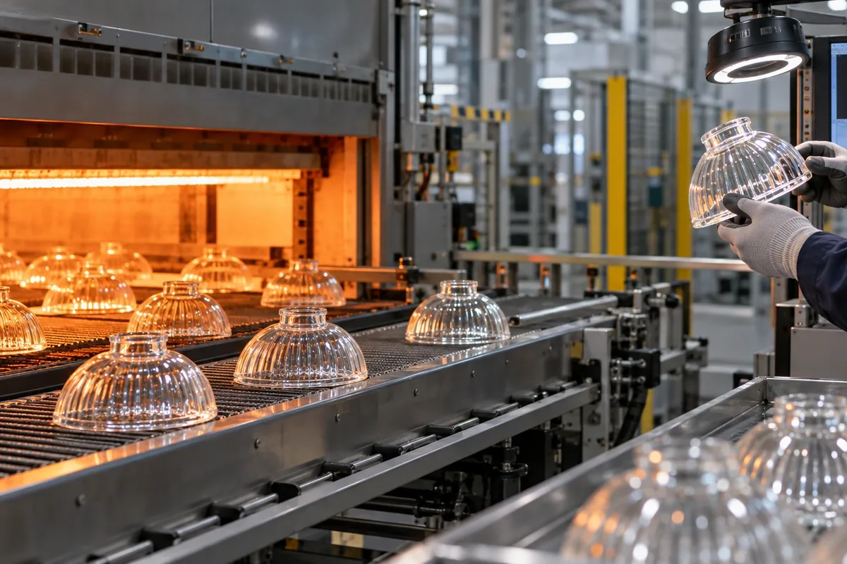 Industrial glass lighting covers moving through a controlled heat treatment line