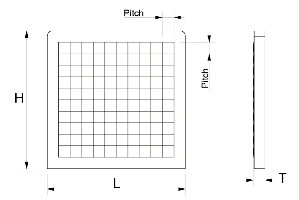 Lens array dimensional schematic labeling pitch length height and substrate thickness