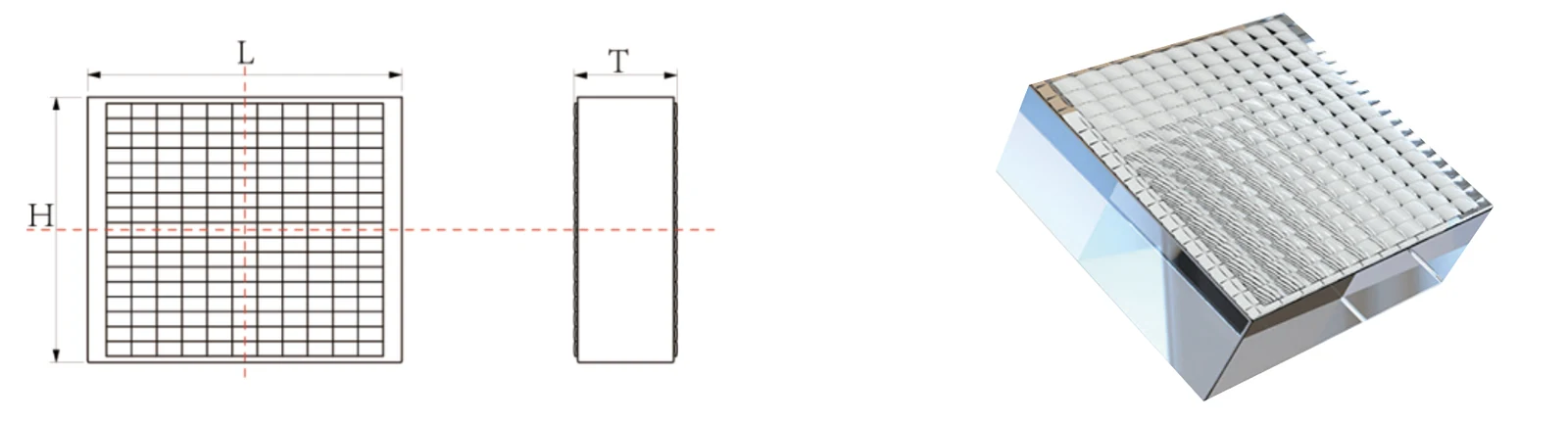 Microlens array outline drawing with length height thickness and matching three-dimensional model