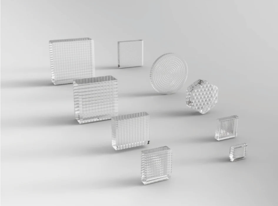 Fly-eye and microlens array samples with different outlines and lenslet layouts